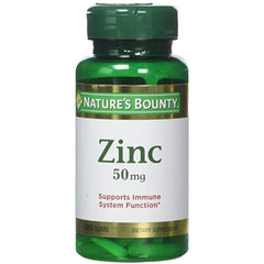 Close-up of Nature's Bounty zinc label showing 50 mg strength