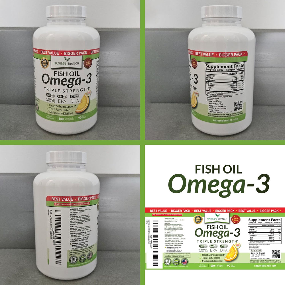 Nature's Branch lemon-flavored omega-3 softgels with burp-free coating