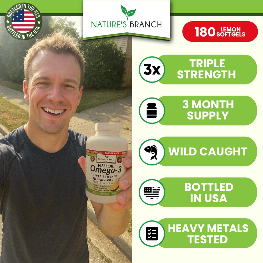 Nature's Branch burpless lemon omega-3 softgels, 180 capsules, minimal fishy aftertaste