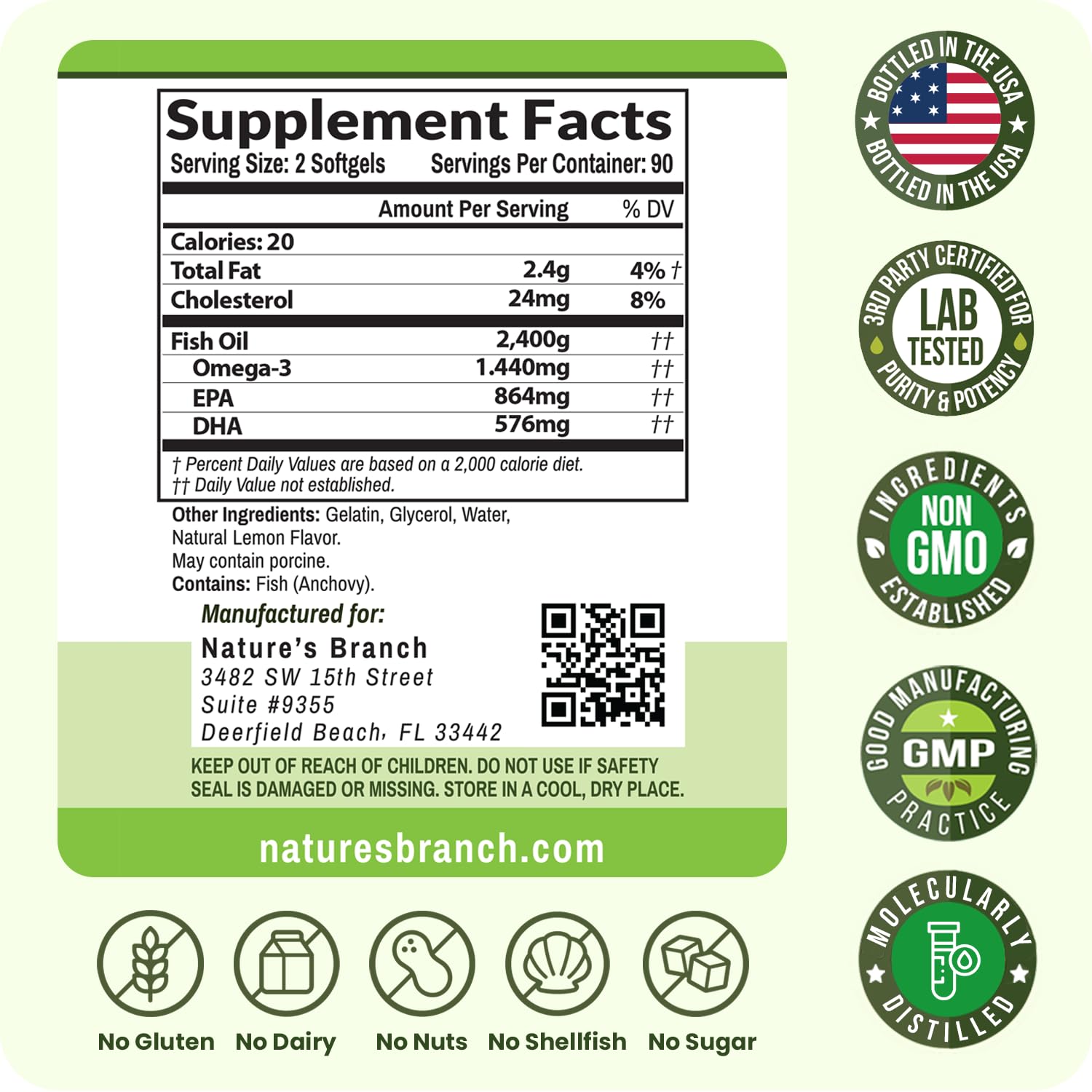 Nature's Branch omega-3 capsules designed for men and women daily use