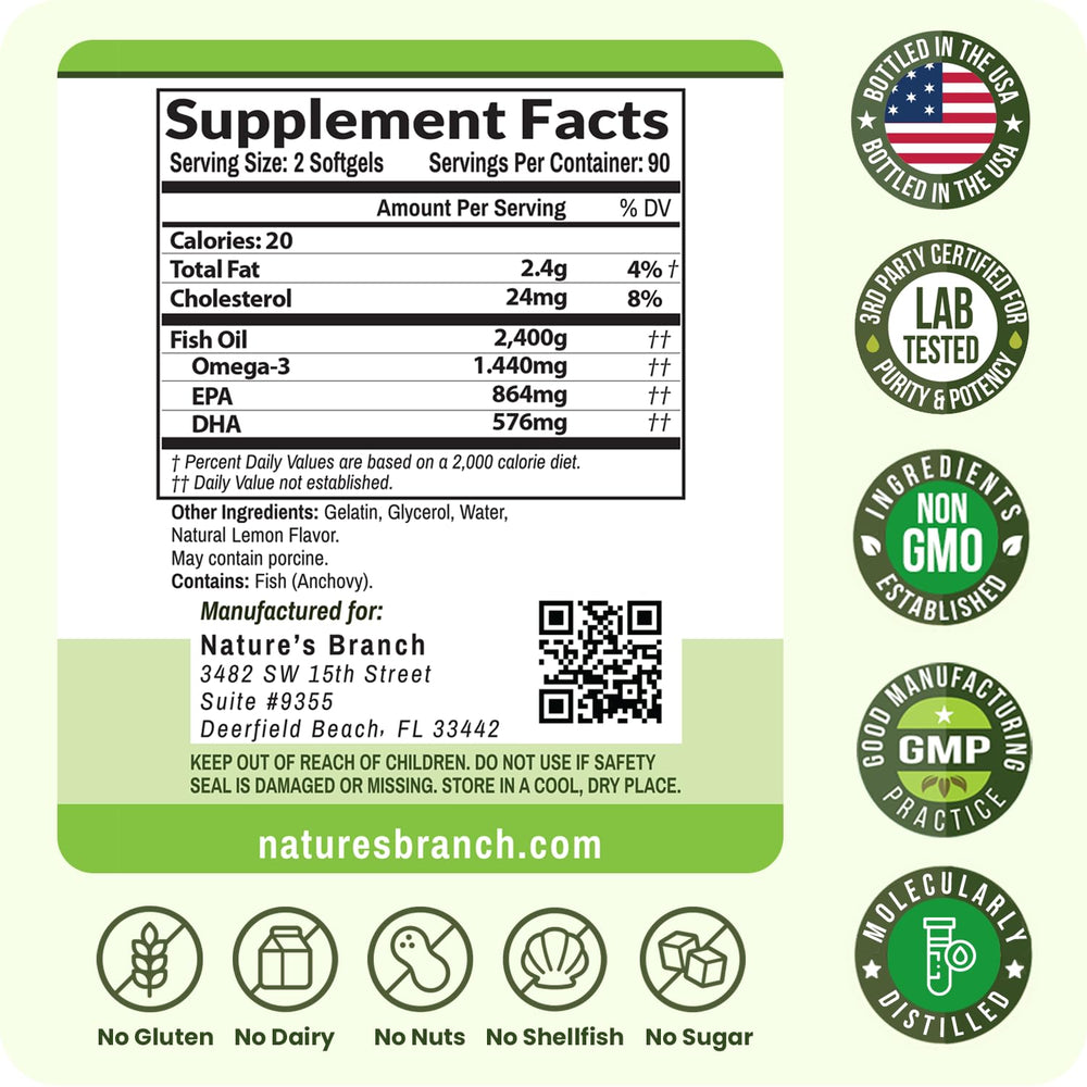 Nature's Branch omega-3 capsules designed for men and women daily use