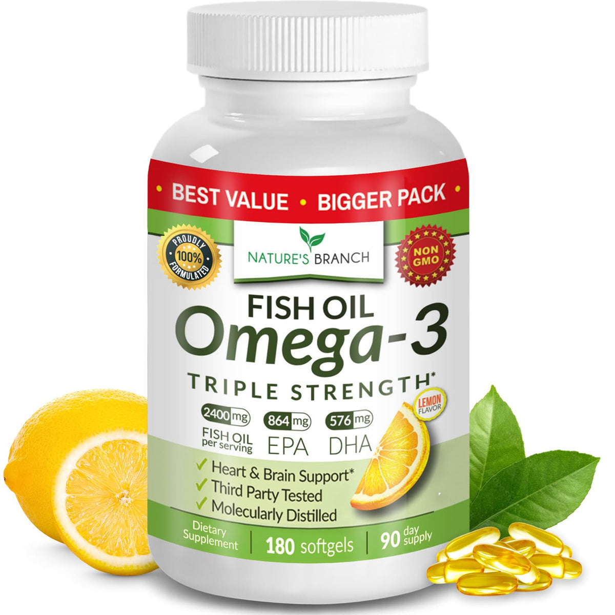 Nature's Branch triple-strength omega-3 lemon softgels bottle for heart and joints