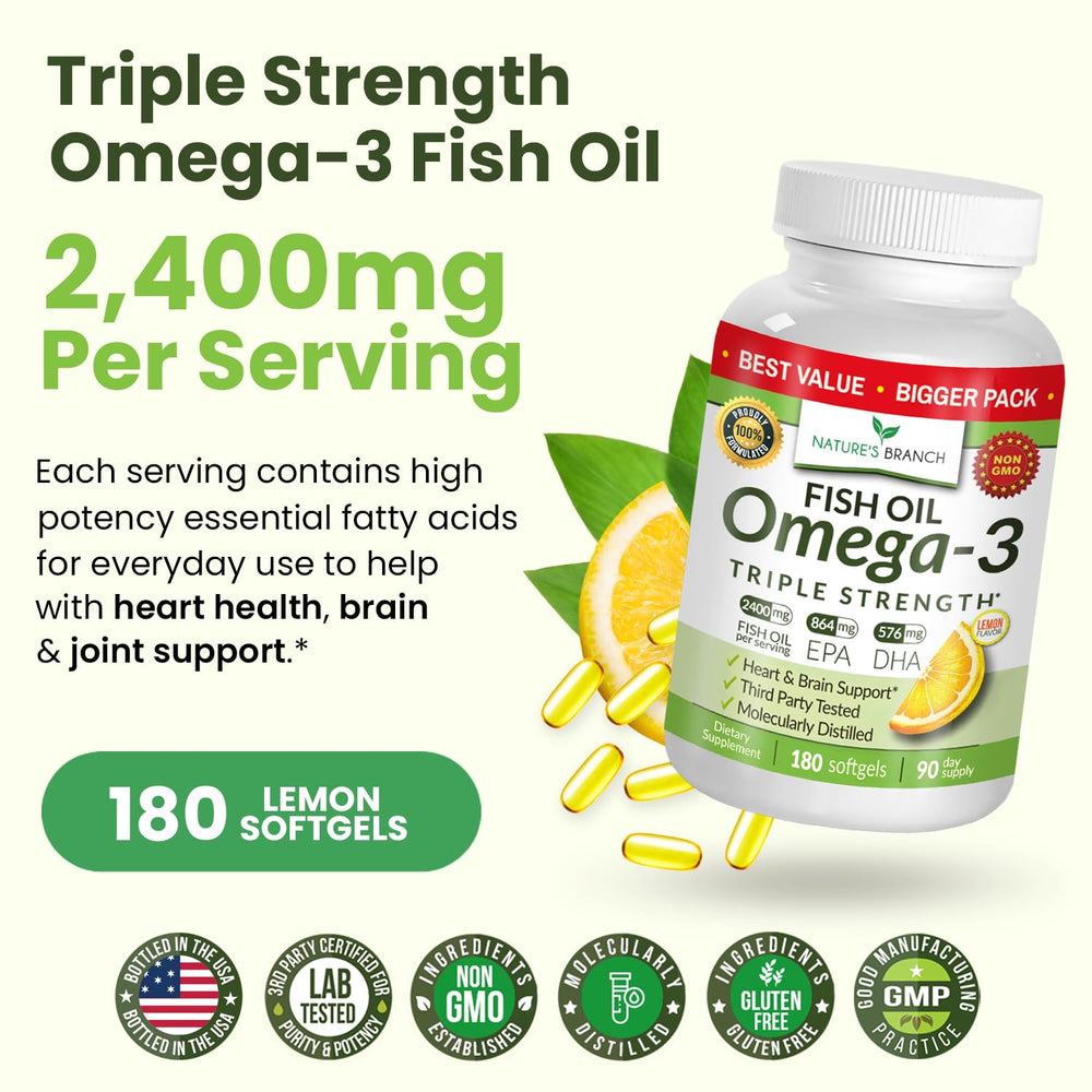 Nature's Branch third-party tested omega-3 softgels in GMP facility