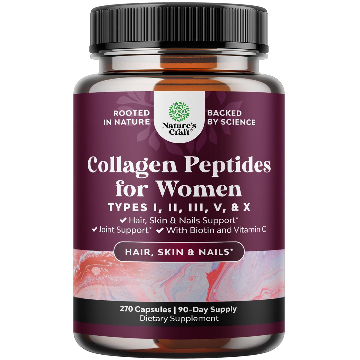 Natures Craft Advanced Multi Collagen bottle highlighting hair, skin and nails support.