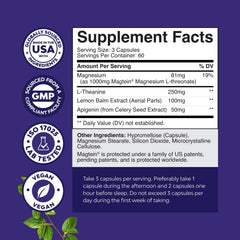 Natures Craft Apigenin Theanine Lemon Balm ingredients panel for mood and relaxation support.