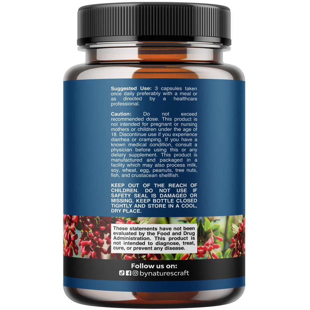 Natures Craft Berberine capsules close-up, highlighting potency and supplement strength.