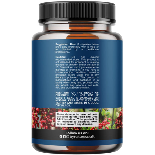 Natures Craft Berberine capsules close-up, highlighting potency and supplement strength.