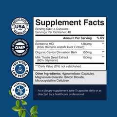 Natures Craft Berberine unique complex label showing milk thistle and cinnamon blend.