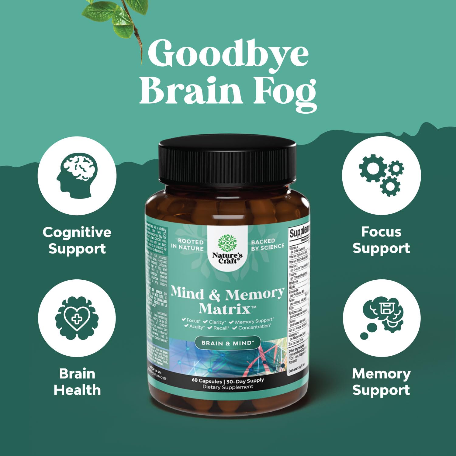 Natures Craft bottle label closeup highlighting premium brain vitamins.