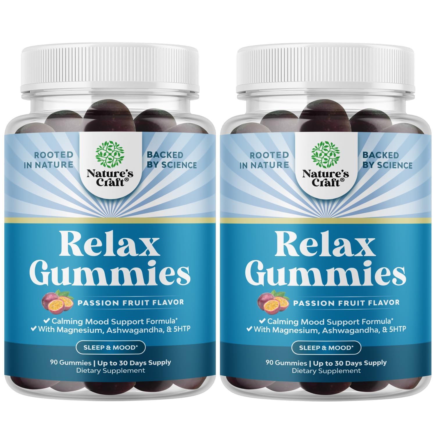 Natures Craft Calming Gummies bottle front highlighting Ashwagandha and L-Theanine for daily mood support.