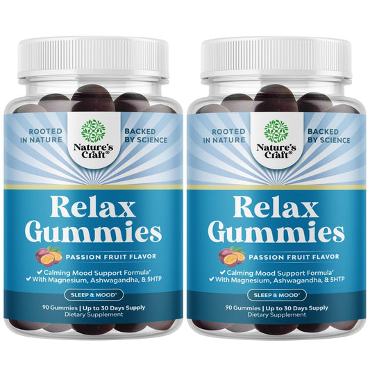 Natures Craft Calming Gummies bottle front highlighting Ashwagandha and L-Theanine for daily mood support.