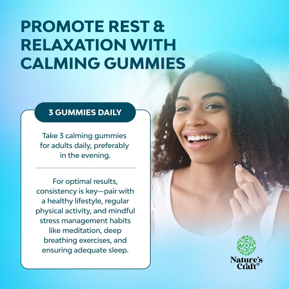 Label front of Natures Craft Calming Gummies featuring Magnesium and Ashwagandha blend.