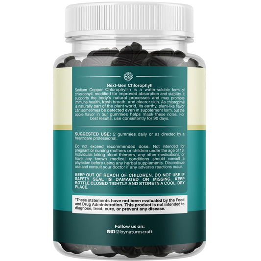 Open bottle of Natures Craft Chlorophyll Gummies inviting a convenient daily routine