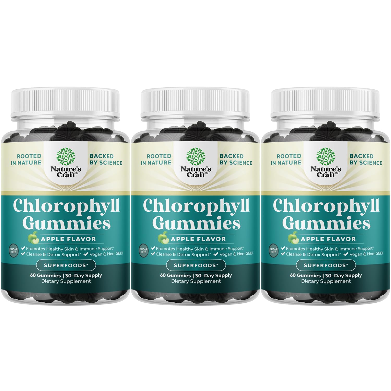Natures Craft Chlorophyll Gummies bottle promotes plant-based freshness for daily use