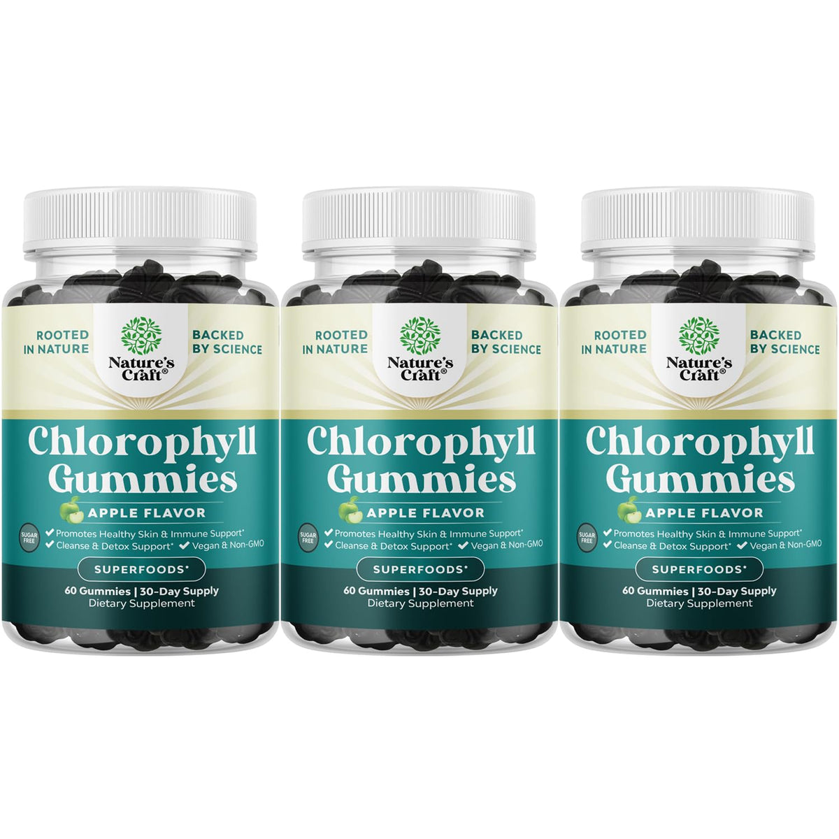 Natures Craft Chlorophyll Gummies bottle promotes plant-based freshness for daily use