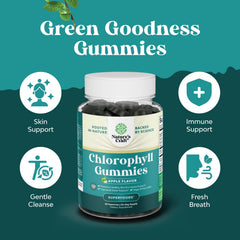 Natures Craft Chlorophyll Gummies beside a glass of water suggests easy intake