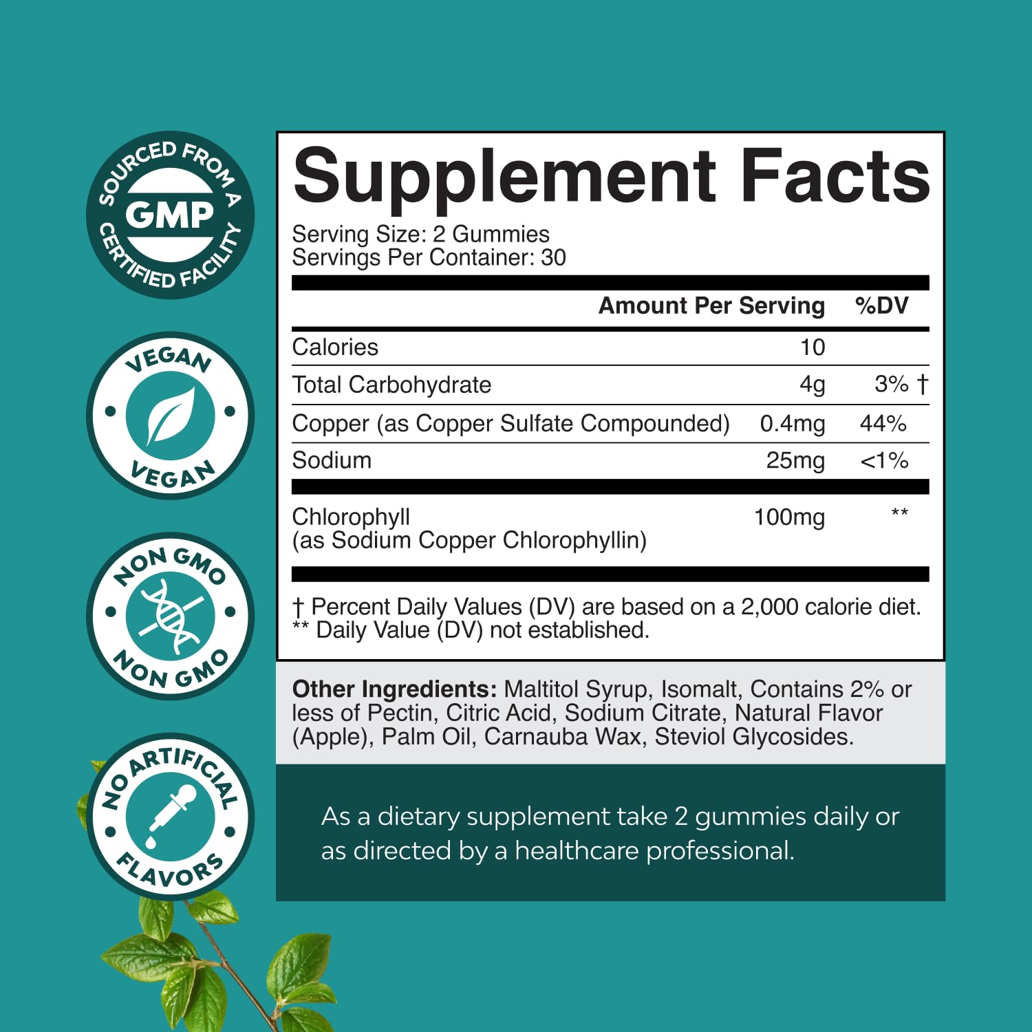Natures Craft Chlorophyll Gummies packaging front highlights vegan, non-GMO, gluten-free features