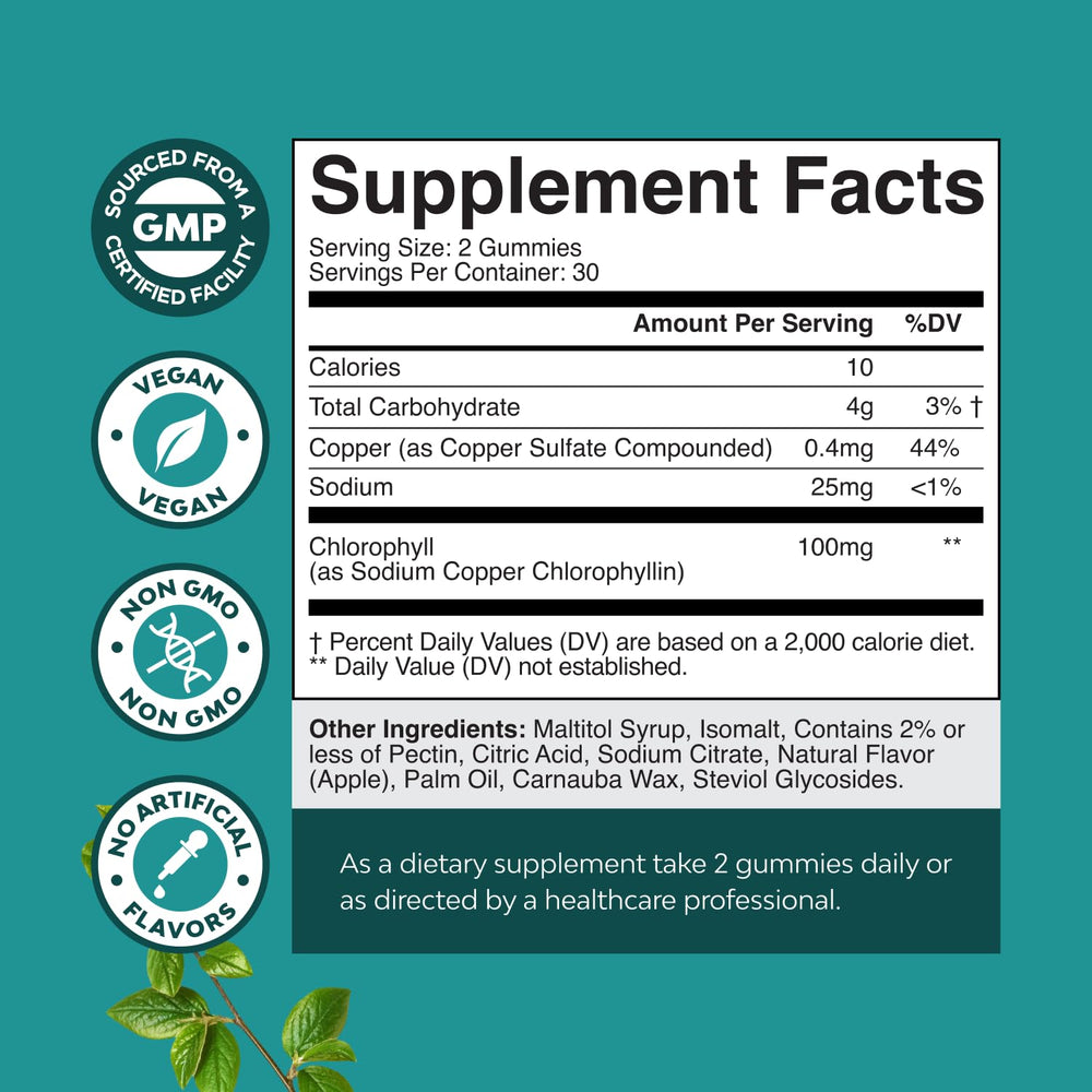 Natures Craft Chlorophyll Gummies packaging front highlights vegan, non-GMO, gluten-free features