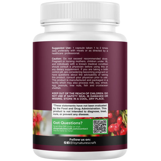 Natures Craft Cranberry Extract capsules close-up promoting bladder wellness.