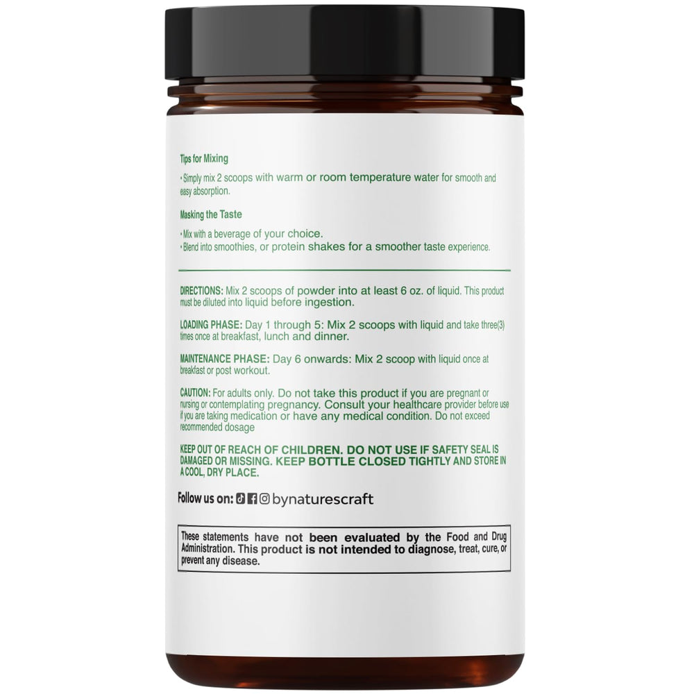 Natures Craft unflavored creatine powder with scoop and shaker demonstrates easy mixability.