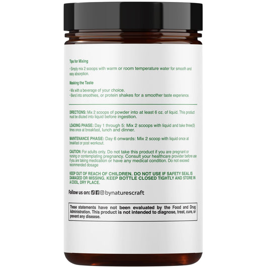 Natures Craft unflavored creatine powder with scoop and shaker demonstrates easy mixability.