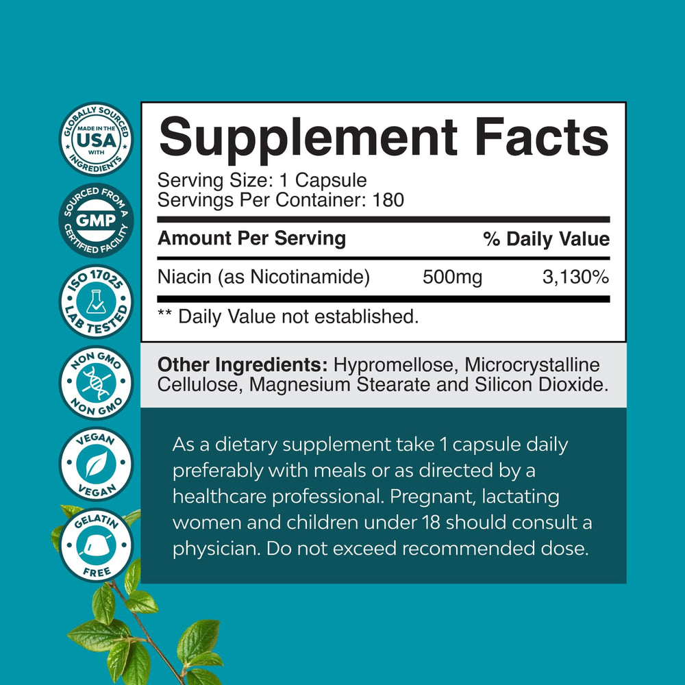 Natures Craft flush-free niacinamide label, clear information for daily use.