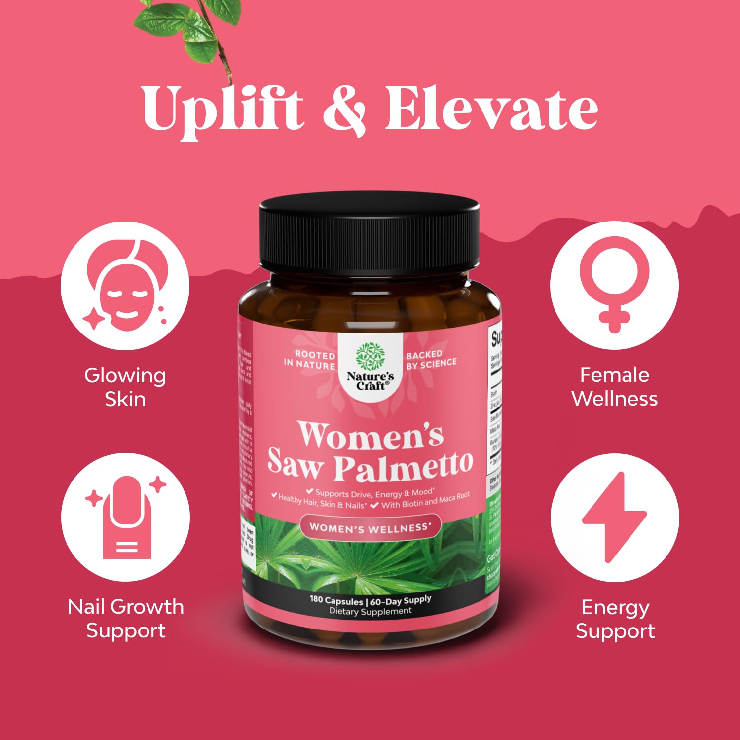 Portrait of a woman with healthier-looking hair and Natures Craft product