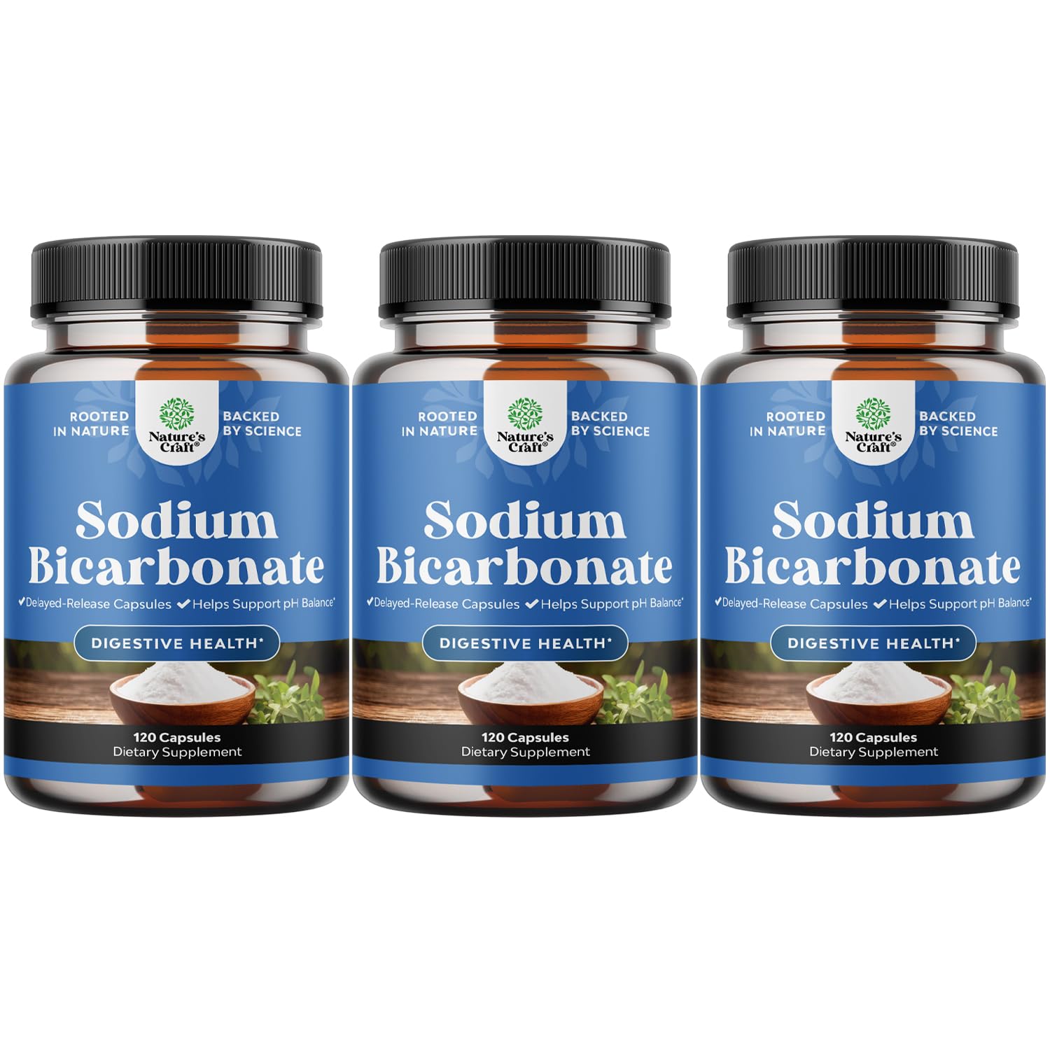 Natures Craft High Purity Sodium Bicarbonate Capsules bottle for easy digestive comfort.