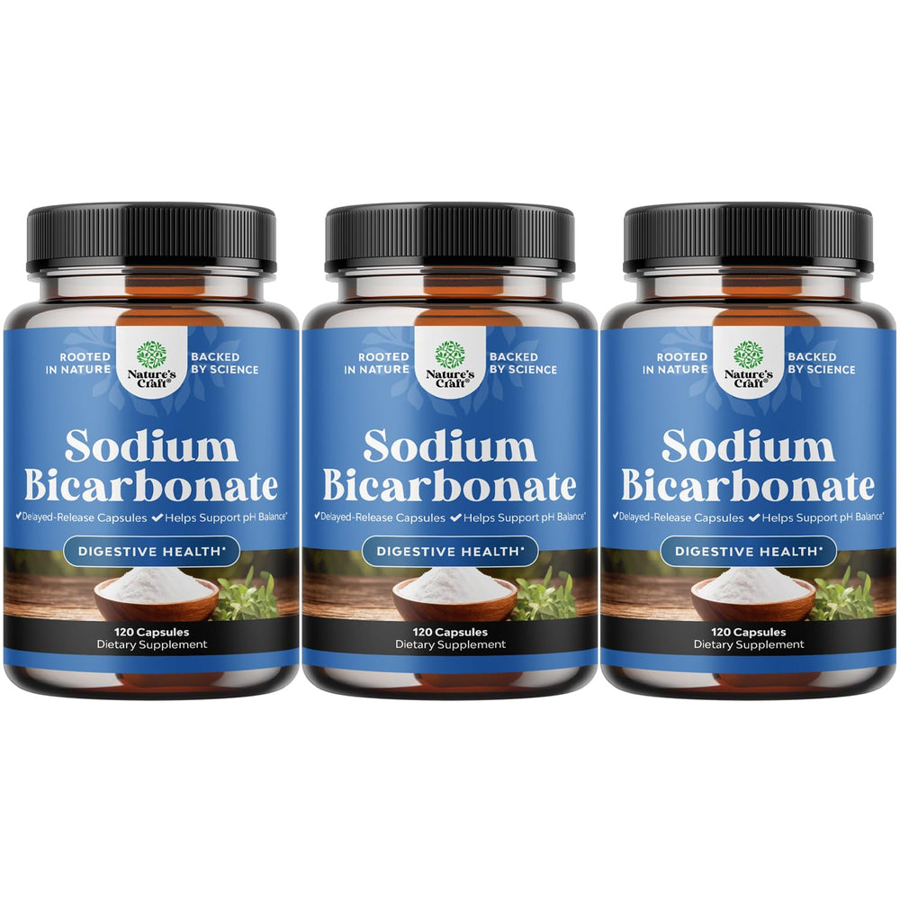 Natures Craft High Purity Sodium Bicarbonate Capsules bottle for easy digestive comfort.
