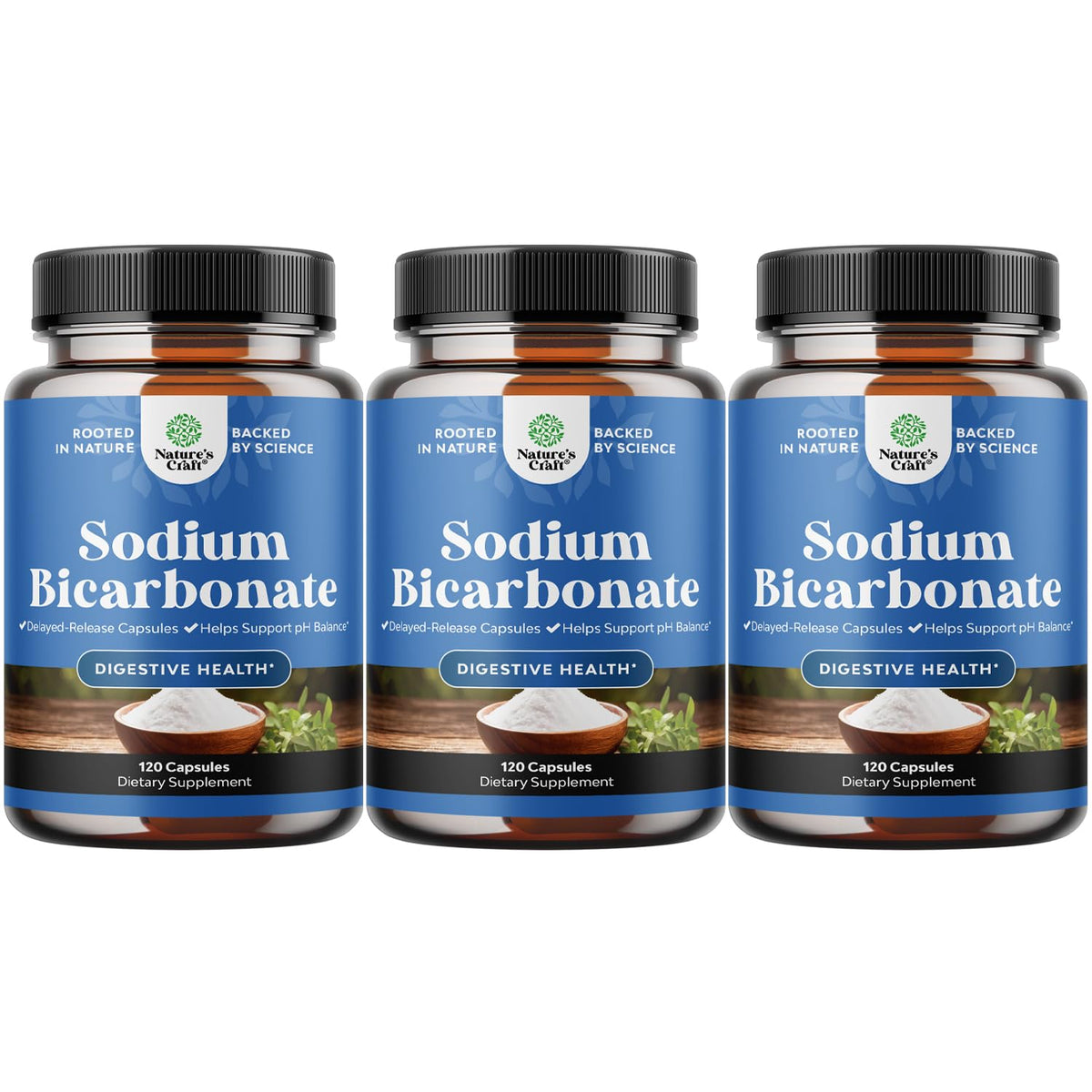 Natures Craft High Purity Sodium Bicarbonate Capsules bottle for easy digestive comfort.