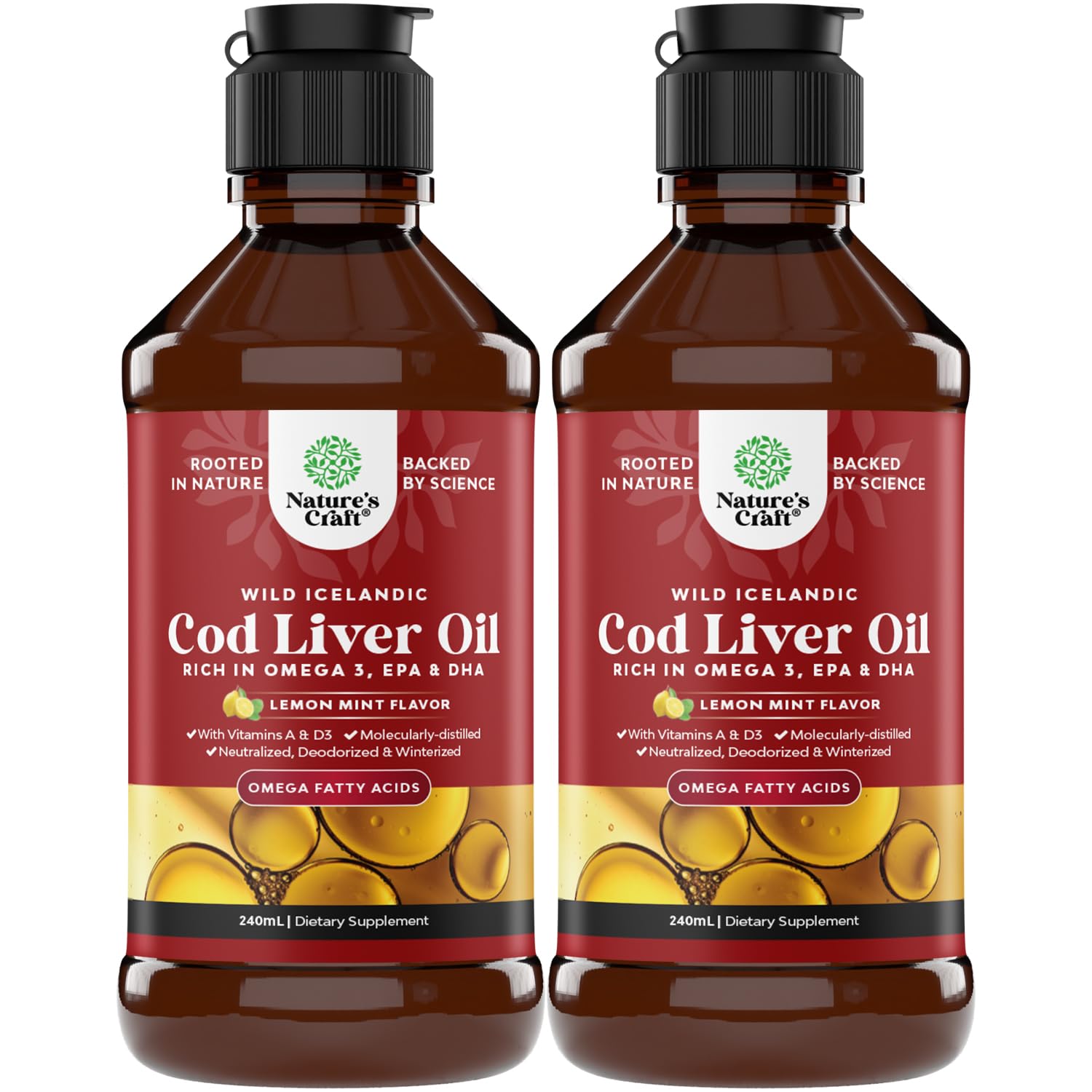 Natures Craft Icelandic cod liver oil bottle highlights wild-caught sourcing for omega-3 support.