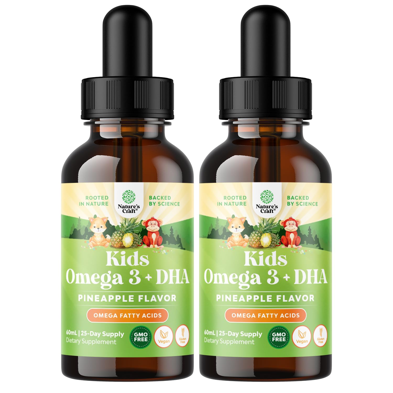 Natures Craft Kids DHA Omega 3 Drops bottle shows a plant-based brain support formula