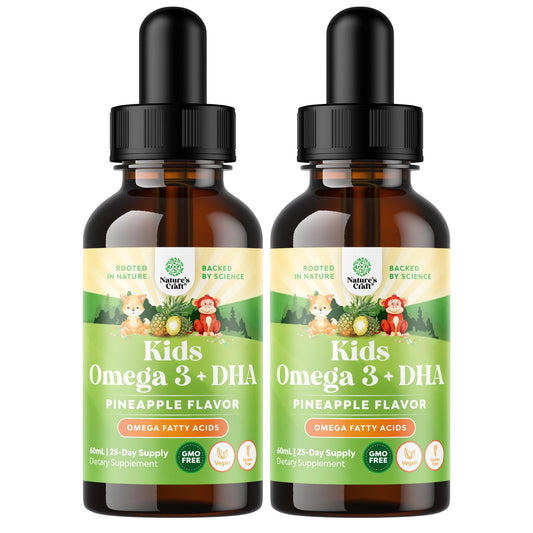 Natures Craft Kids DHA Omega 3 Drops bottle shows a plant-based brain support formula