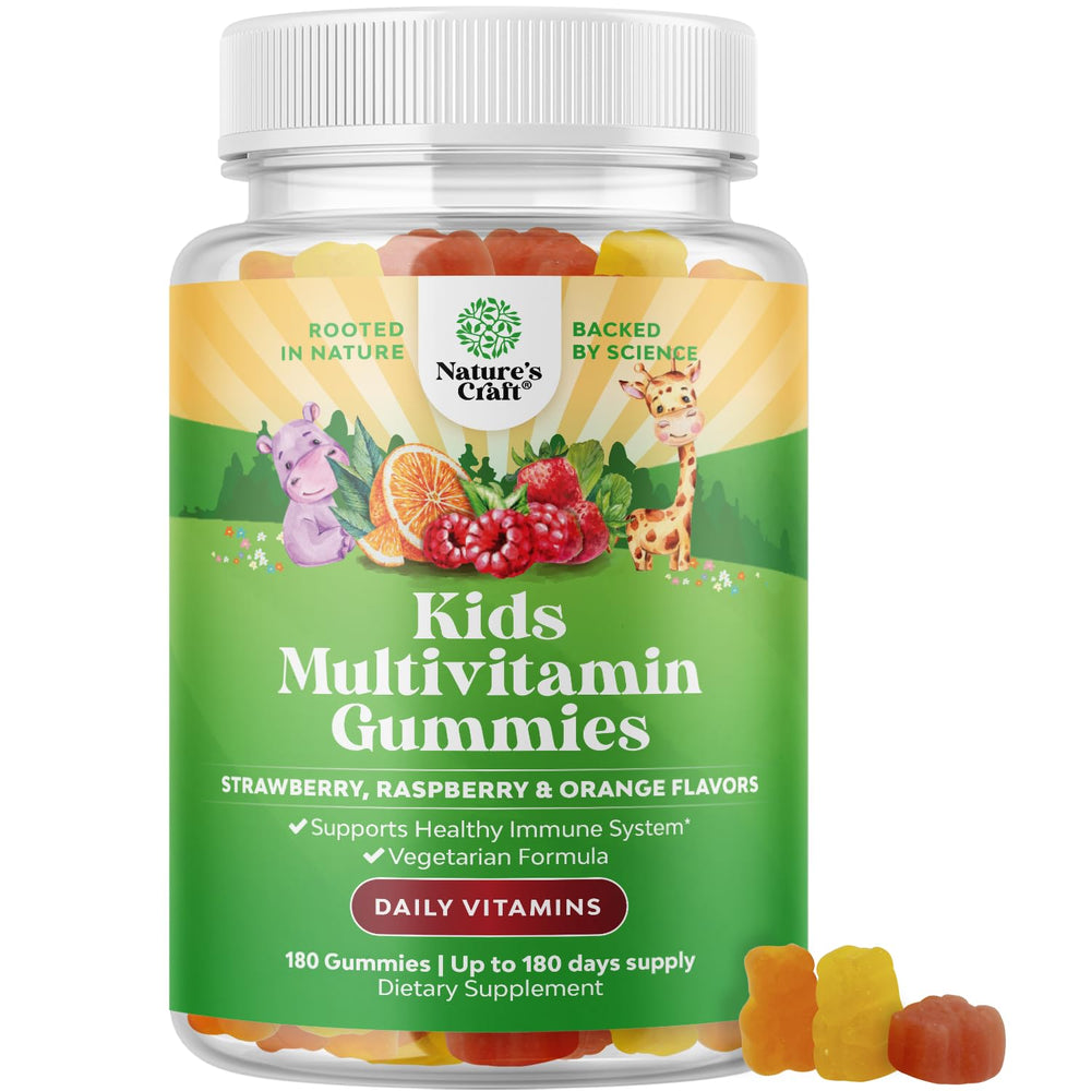 Natures Craft Kids Multivitamin gummies in a bottle promote daily immune support.