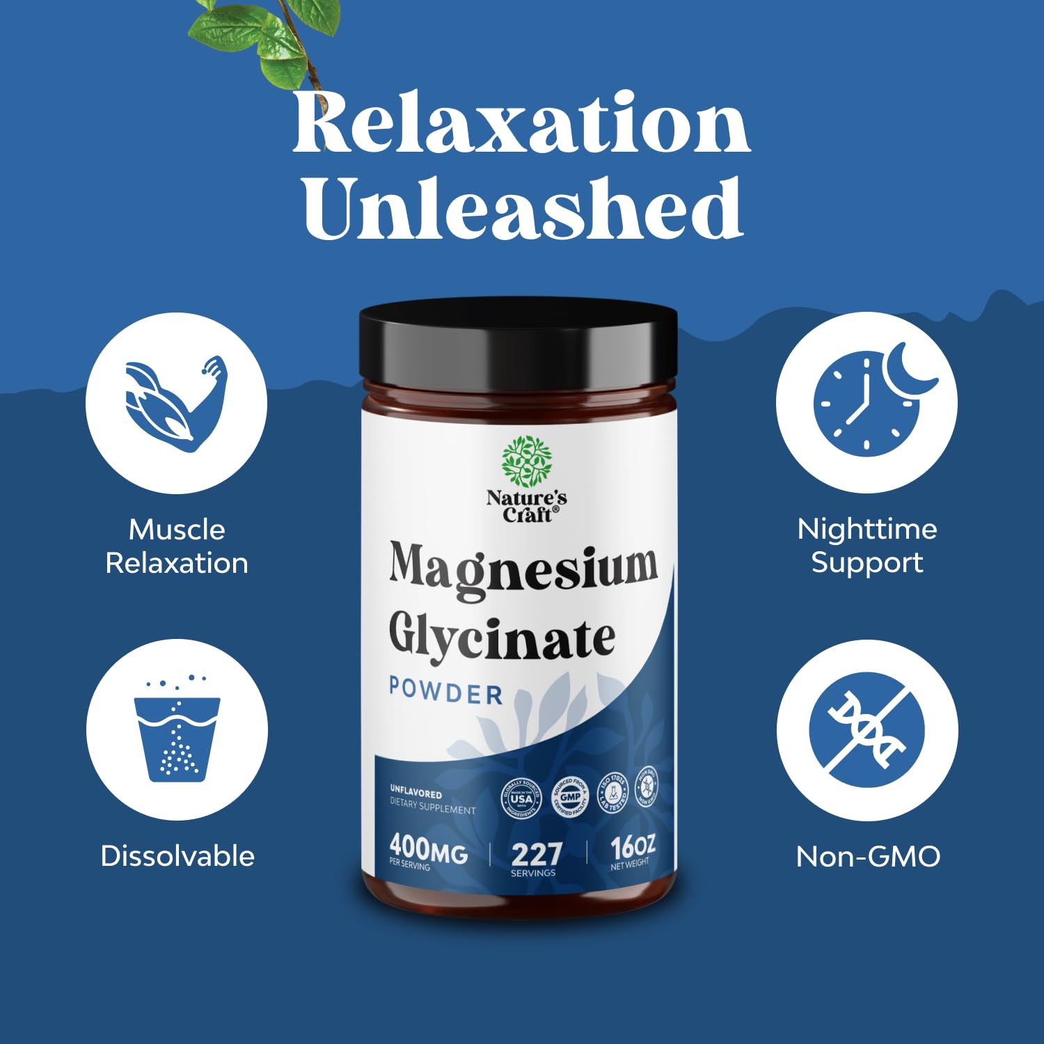Natures Craft magnesium glycinate powder blended into a smoothie for relaxation.