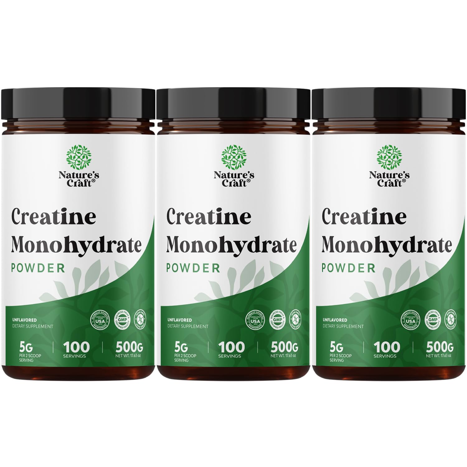 Natures Craft micronized creatine monohydrate powder – front-of-pack view emphasizing pure muscle fuel.