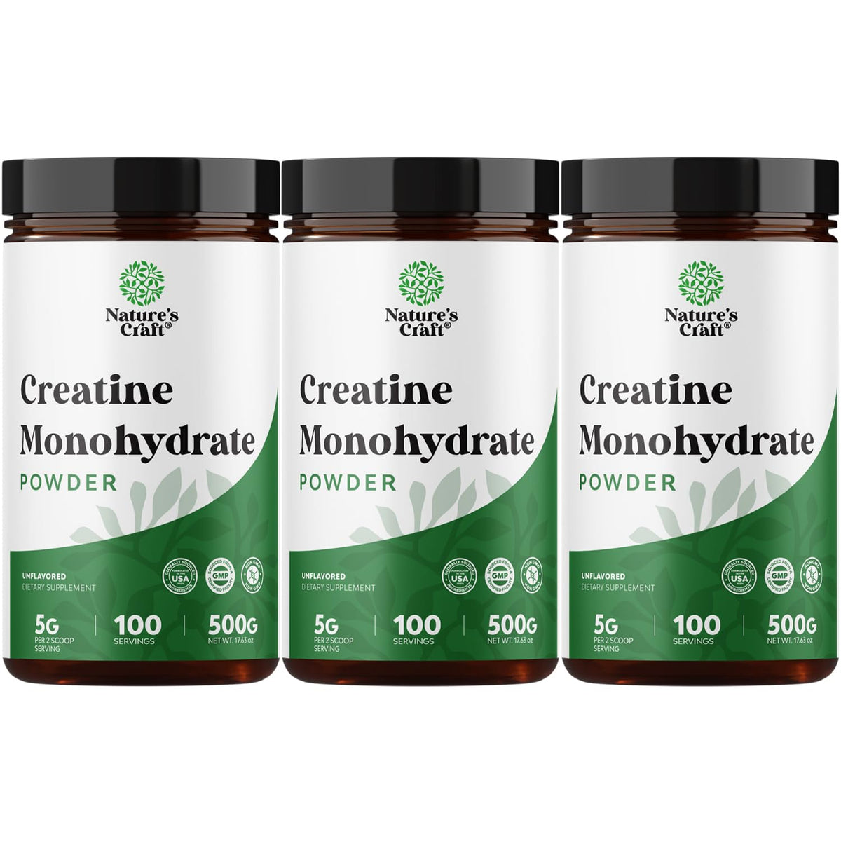 Natures Craft micronized creatine monohydrate powder – front-of-pack view emphasizing pure muscle fuel.