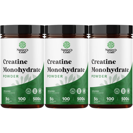 Natures Craft micronized creatine monohydrate powder – front-of-pack view emphasizing pure muscle fuel.
