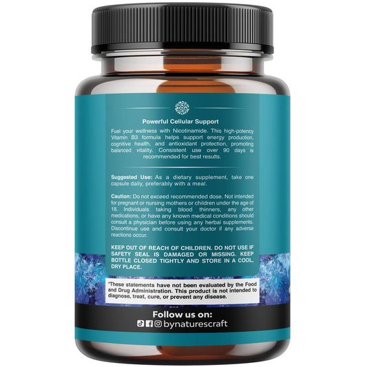 Natures Craft Niacinamide 500mg capsules close-up, supports energy metabolism.