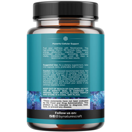Natures Craft Niacinamide 500mg capsules closeup highlighting skin-friendly vitamin B3.