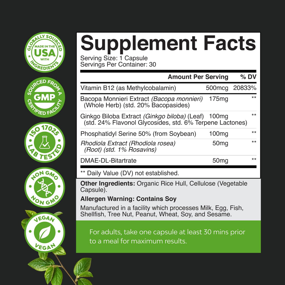 Natures Craft nootropic ingredients chart emphasizes B12 and botanicals.