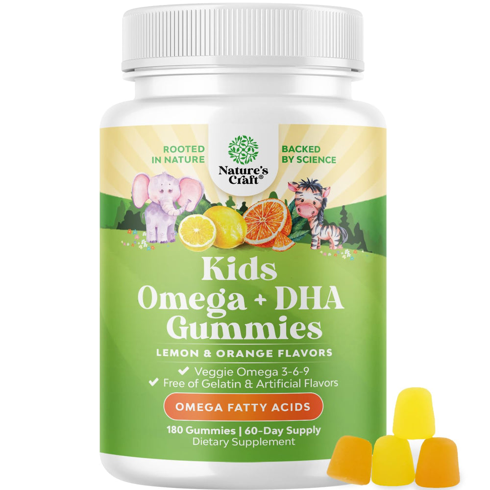 Natures Craft Omega DHA Kids bottle on kitchen counter for easy daily nutrition.