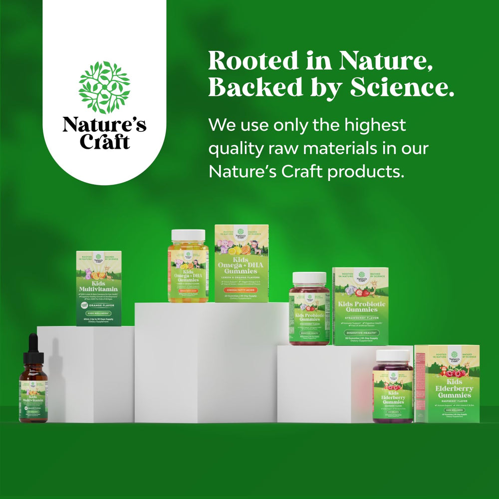 Balanced nutrition theme with Natures Craft Omega DHA Kids box.