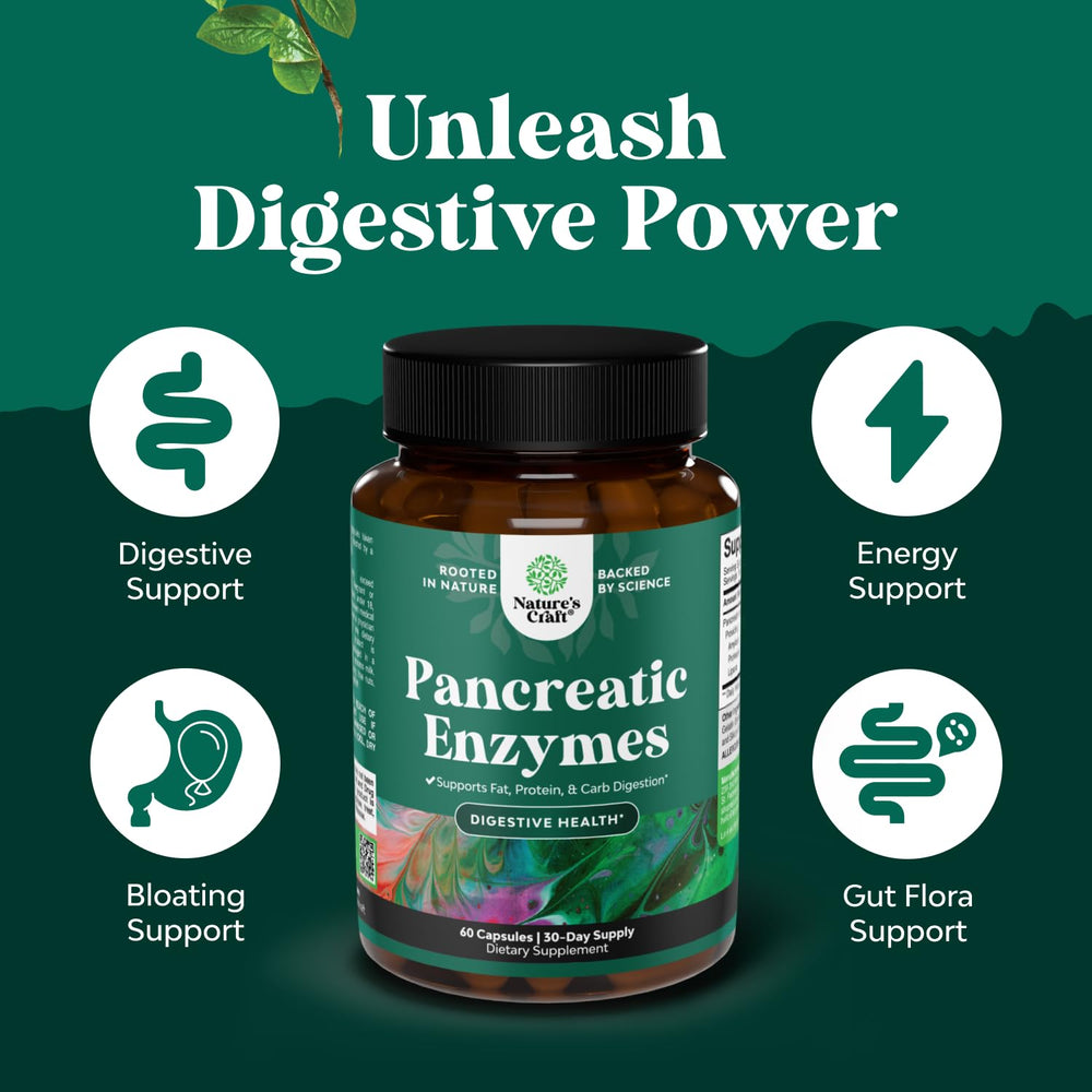Natures Craft Pancreatin label highlights 3in1 enzyme blend for meals.