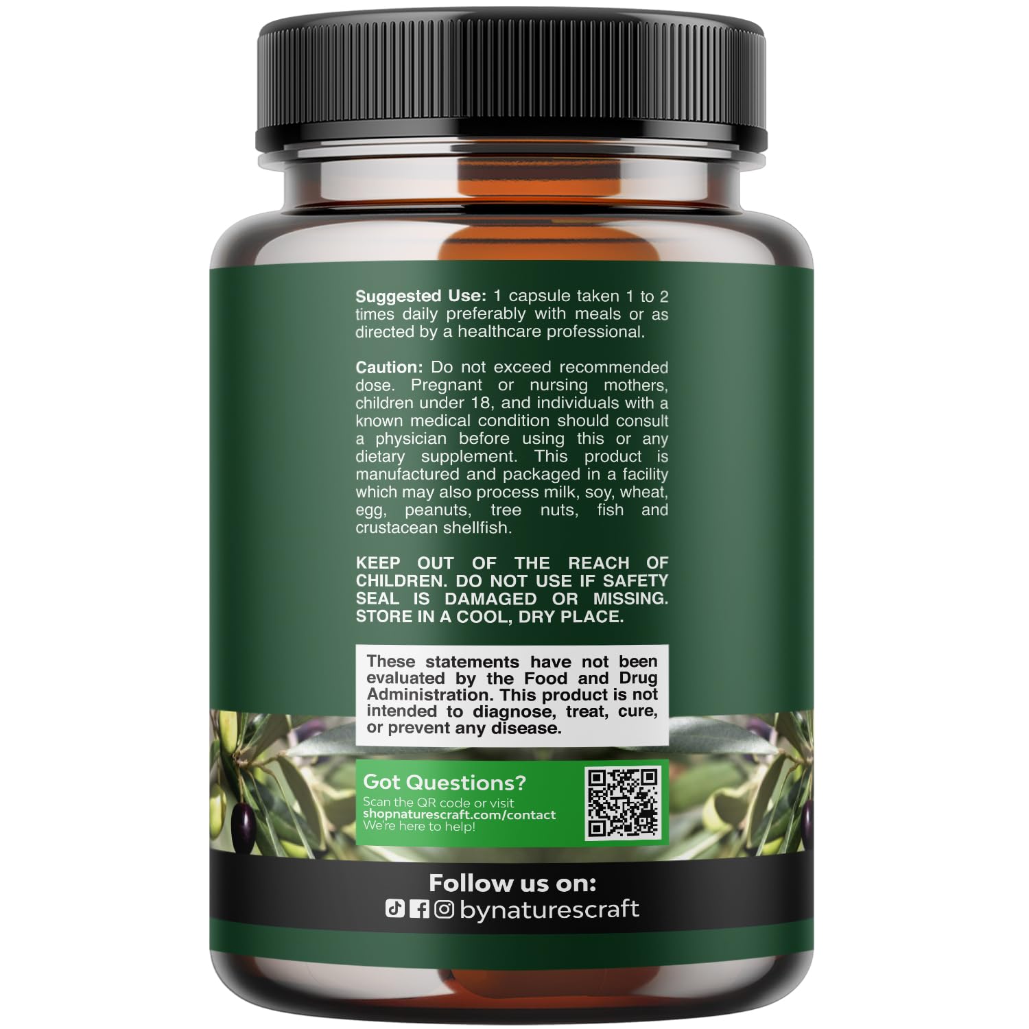 Close-up of Natures Craft olive leaf extract capsules bottle showing oleuropein percentage