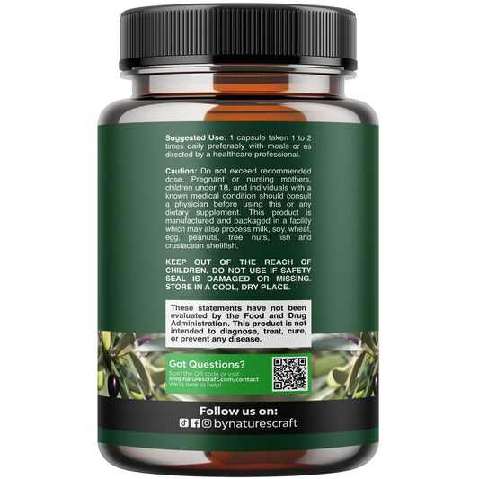 Close-up of Natures Craft olive leaf extract capsules bottle showing oleuropein percentage