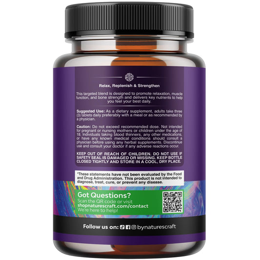 Natures Craft Pure Calm bottle pour shows easy-to-swallow capsules for stress support.