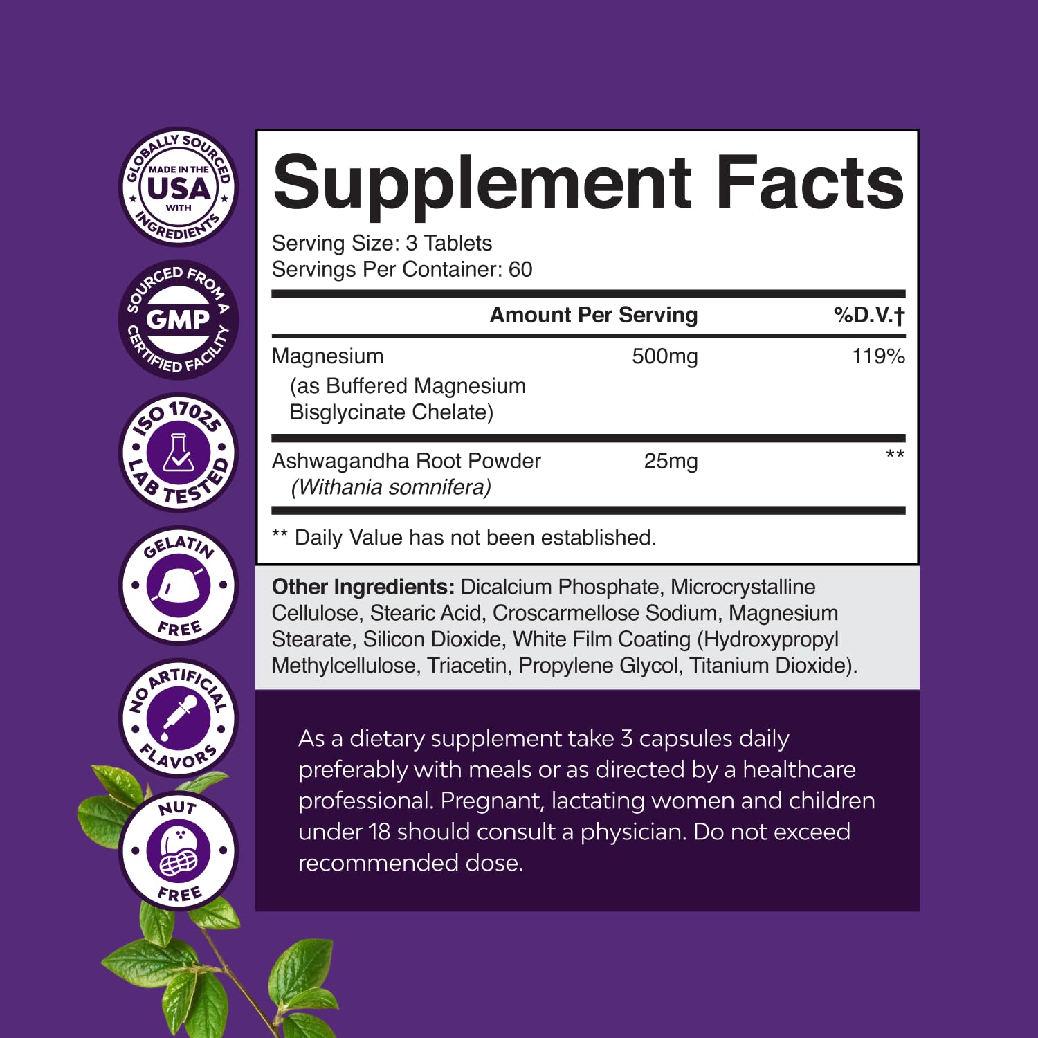 Natures Craft Pure Calm tablets closeup highlighting high-absorption magnesium glycinate.