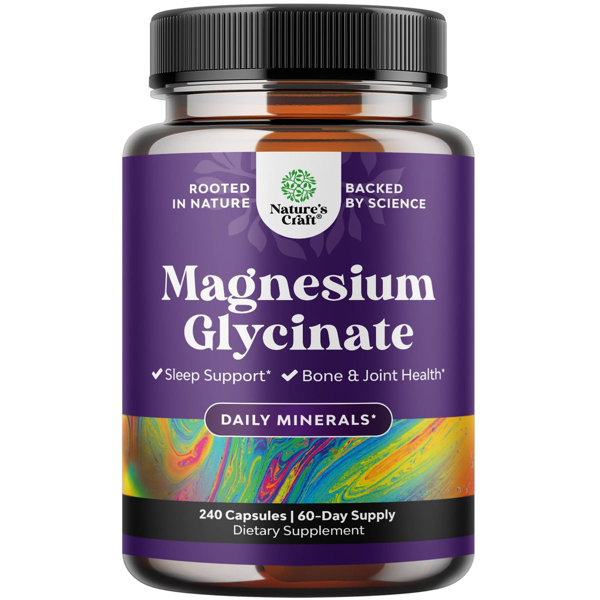 Nature's Craft Pure Magnesium Glycinate bottle suggests sleep support via vegan formula.