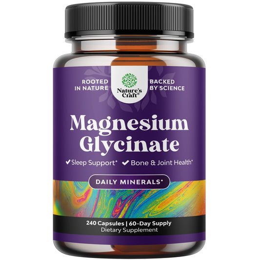 Nature's Craft Pure Magnesium Glycinate bottle suggests sleep support via vegan formula.